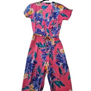 Lulus Floral Jumpsuit Women XS Pink Blue Surplice Wrap Waist Short Sleeve